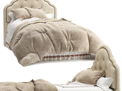 Children's Bed With Tufted Headboard Neutral Tones Decorative Quilt And Pillows 3d model