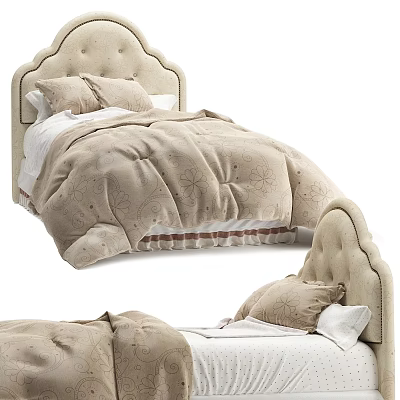 Children's Bed With Tufted Headboard Neutral Tones Decorative Quilt And Pillows 3d model