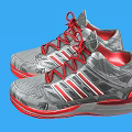 Gray High Top Athletic Shoes With Red Laces And Red White Stripes On Red Soles