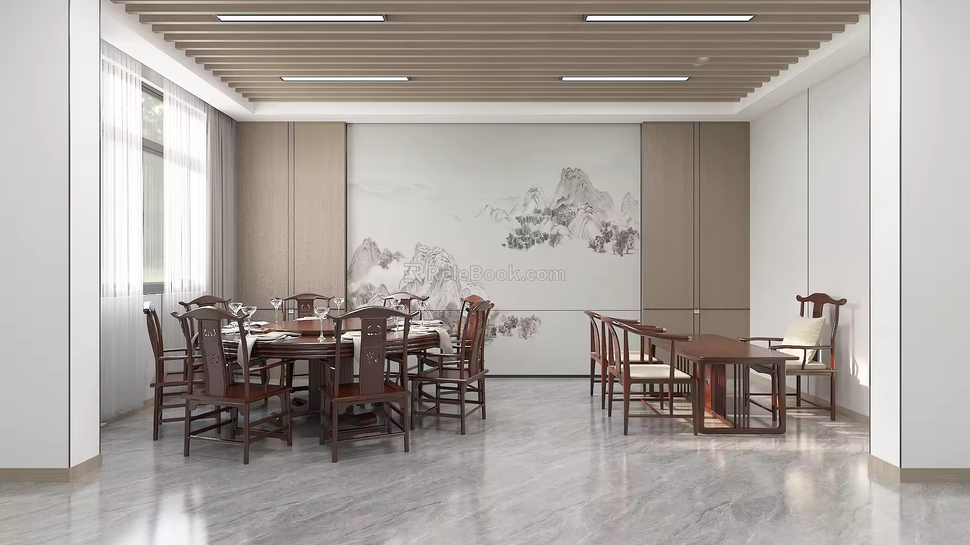 New Chinese Style Round Table Square Tea Table Background Wall Broken Bridge Doors and Windows 3d model