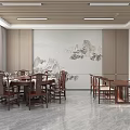 New Chinese Style Round Table Square Tea Table Background Wall Broken Bridge Doors and Windows 3d model