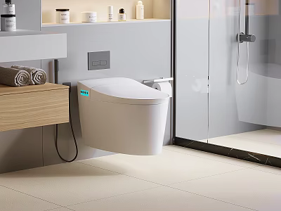 Modern Bathroom Interior With Wall Mounted Smart Toilet Ceramic Surface And Neutral Tiles 3d model