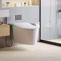 Modern Bathroom Interior With Wall Mounted Smart Toilet Ceramic Surface And Neutral Tiles