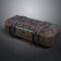 Brown Storage Chest With Metal Clasps And Blue Glowing Lines In Futuristic Style