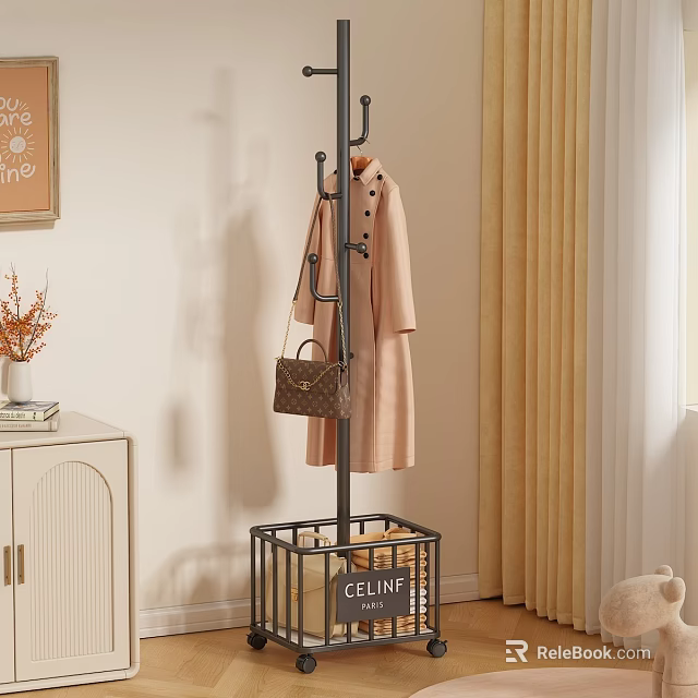 Modern Coat Rack with Storage Basket Hanging Coat and Handbag in Cozy Living Room Interior 3d model 