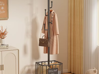 Modern Coat Rack with Storage Basket Hanging Coat and Handbag in Cozy Living Room Interior 3d model