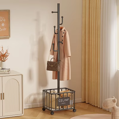 Modern Coat Rack with Storage Basket Hanging Coat and Handbag in Cozy Living Room Interior 3d model