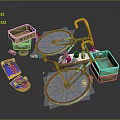 Vintage Bicycle With Yellow Basket Green Crate Blue Bucket And Colorful Mat