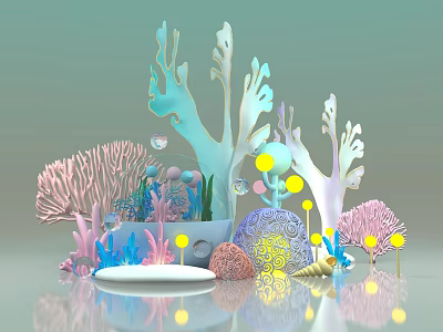 Colorful Marine Life Display With Coral Shells Bubbles And Decorative Elements 3d model