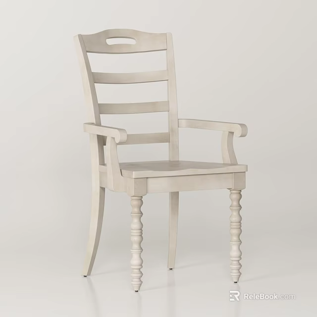 Elegant Light Wood Dining Chair With Armrests Slatted Back And Turned Legs 3d model 