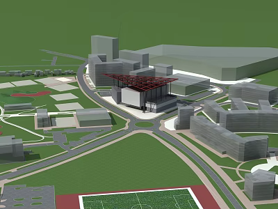 Modern University Campus Layout With Central Red Roof Building And Green Spaces 3d model
