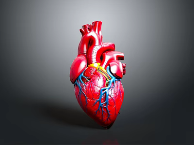 Human Heart Anatomical Model With Red Surface And Blue Yellow Blood Vessels 3d model