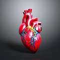 Human Heart Anatomical Model With Red Surface And Blue Yellow Blood Vessels