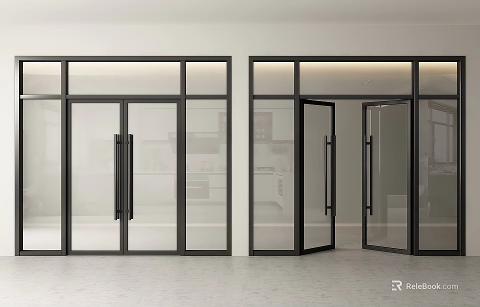 Modern Glass Double Doors with Black Frames Open and Closed in Interior Space 3d model 
