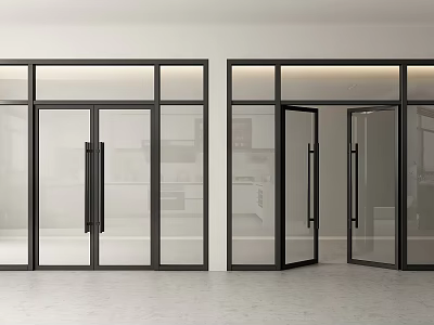 Modern Glass Double Doors with Black Frames Open and Closed in Interior Space 3d model