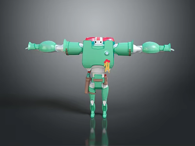 Green Robot Character With Red Head White Face Extended Arms Square Body 3d model