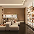 Modern Bar Area With Wooden Walls Wine Bottles Marble Countertop Bar Stools And Plant