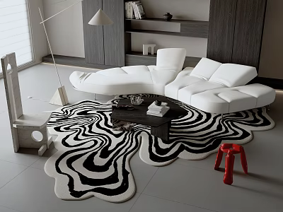 Modern Sofa And Coffee Table Set With Black White Zebra Print Rug And Red Stools 3d model