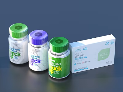 Daily Pack Probiotic Supplement Bottles with Green Purple Lids and White Packaging 3d model