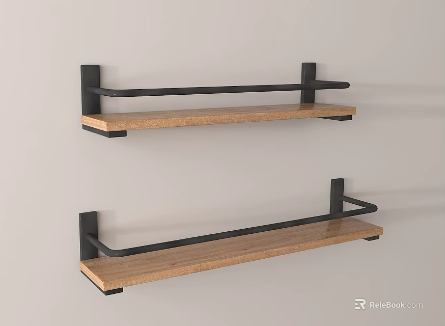 Modern Wall Mounted Storage Shelves With Wooden Boards And Black Metal Brackets 3d model 