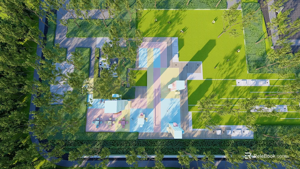 Scenic Park Landscape With Green Lawn Trees Walkways And Seating Areas 3d model 