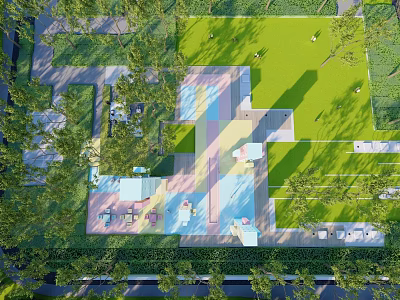 Scenic Park Landscape With Green Lawn Trees Walkways And Seating Areas 3d model