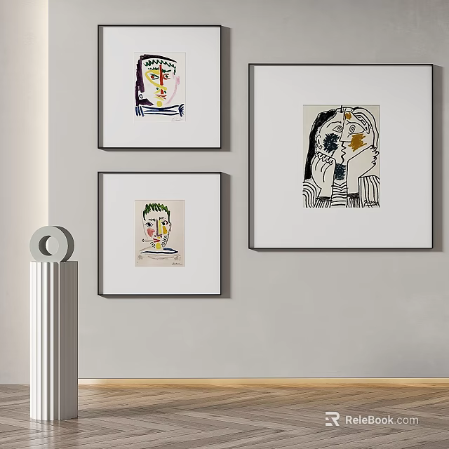 Abstract Paintings Framed Artworks Featuring Abstract Faces On Grey Wall Decor 3d model