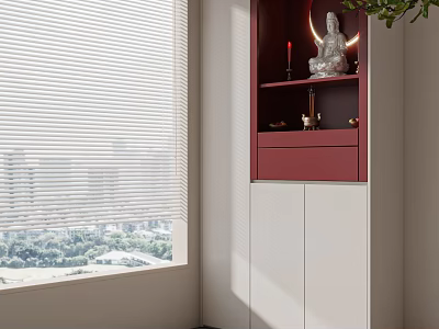 Modern Red White Buddhist Shrine Cabinet With Buddha Statue Candles Ornaments By Window Blinds 3d model