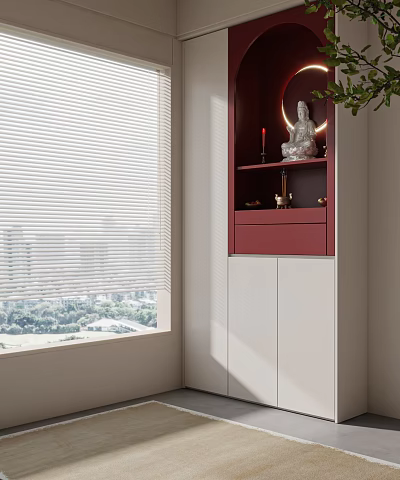 Modern Red White Buddhist Shrine Cabinet With Buddha Statue Candles Ornaments By Window Blinds 3d model