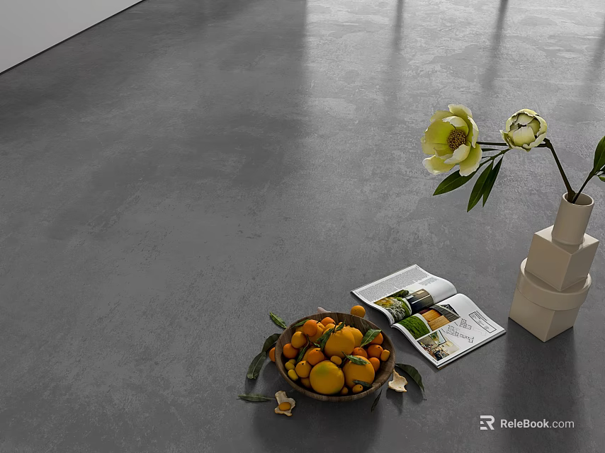 Gray Concrete Floor With Fresh Fruits Magazine And White Vase Flowers 3d model 
