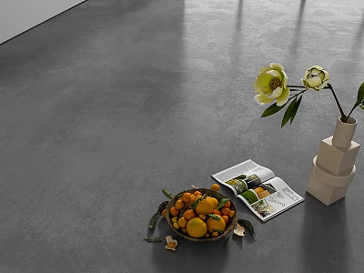 Gray Concrete Floor With Fresh Fruits Magazine And White Vase Flowers 3d model
