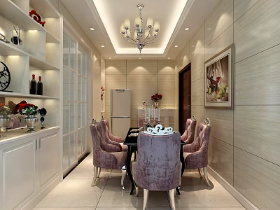 Elegant Restaurant Interior With Purple Chairs Chandelier White Walls Decorative Painting And Dining Table 3d model