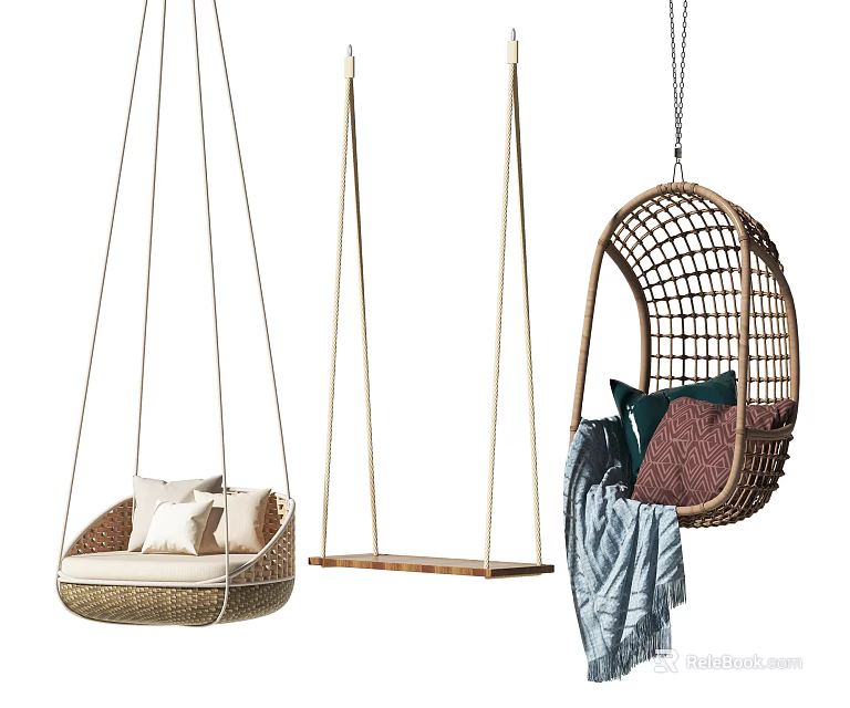 Stylish Rattan Hanging Chairs Featuring Cushioned Seats Decorative Pillows And Blanket For Modern Home Interior 3d model 