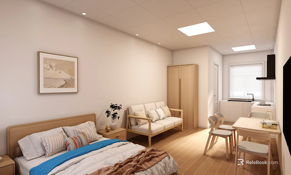 Cozy Modern Apartment Interior With Bed Sofa And Dining Area 3d model 