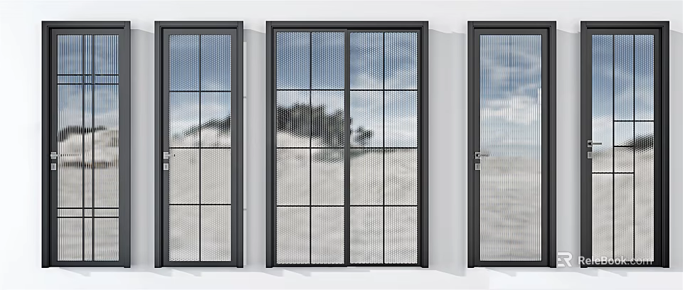 Modern Black Framed Sliding Doors With Grid Glass And Outdoor View Design 3d model 