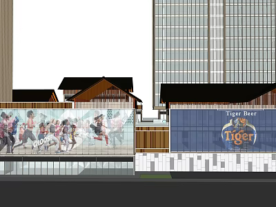 Commercial Street With Modern High Rise Buildings Traditional Wooden Structures Tiger Logo And Crowd Activities 3d model