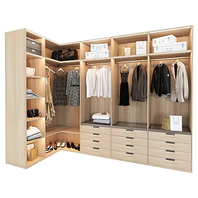 Light Wood Wardrobe Interior With Hanging Clothes Drawers Storage Boxes Bags And Shoes 3d model