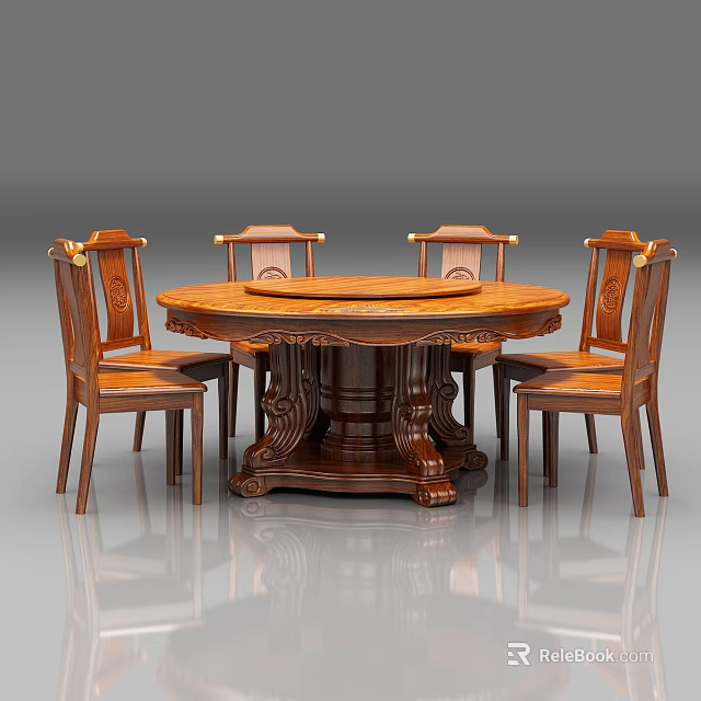 Traditional Wooden Round Dining Table Set With Carved Details And Four Chairs 3d model 