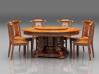 Traditional Wooden Round Dining Table Set With Carved Details And Four Chairs 3d model