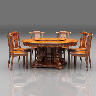 Traditional Wooden Round Dining Table Set With Carved Details And Four Chairs 3d model