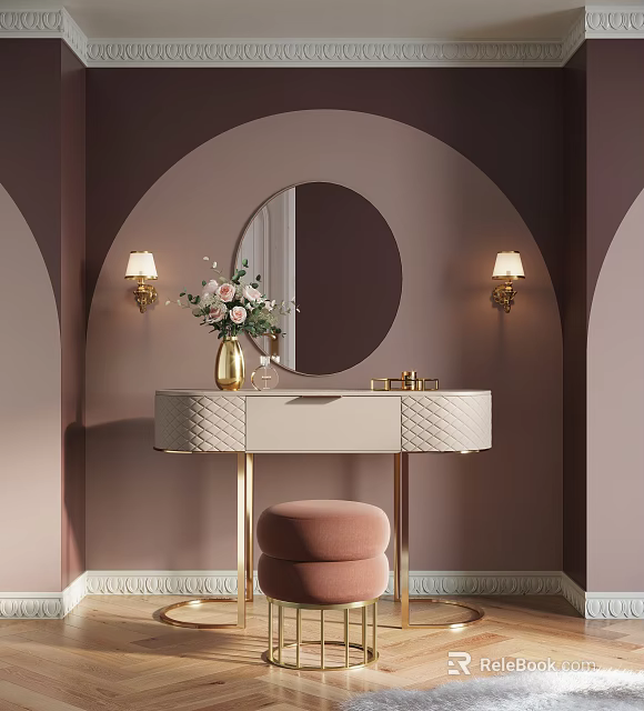 Elegant Dressing Table With Round Mirror Wall Sconces Pink Stool And Flower Vase 3d model 