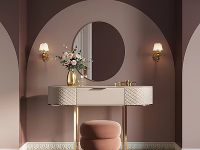 Elegant Dressing Table With Round Mirror Wall Sconces Pink Stool And Flower Vase 3d model