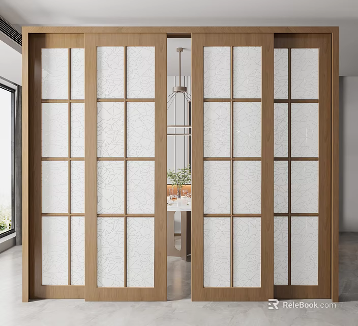 Modern Sliding Doors with Wooden Frame and Patterned Glass Lattice Design for Interior Partition 3d model 
