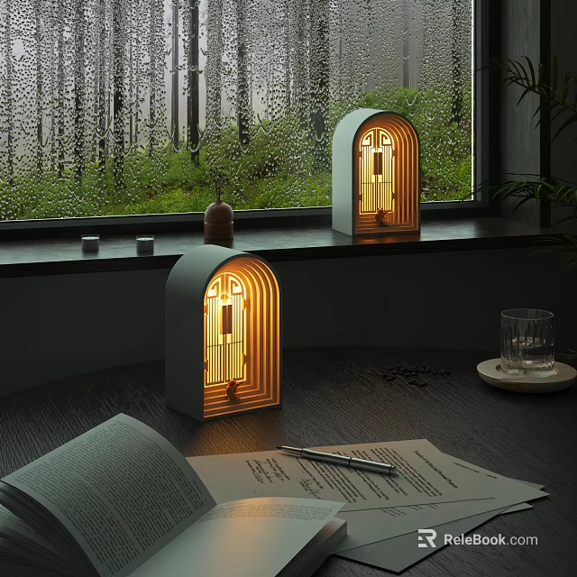 Two Modern Arch Table Lamps with Warm Light by Window on Desk with Book 3d model 