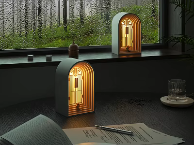 Two Modern Arch Table Lamps with Warm Light by Window on Desk with Book 3d model
