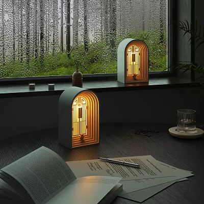 Two Modern Arch Table Lamps with Warm Light by Window on Desk with Book 3d model
