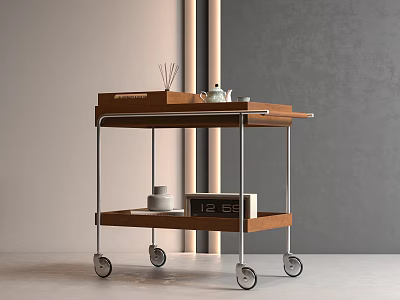 Modern Wooden Utility Cart With Metal Frame Wheels For Storage Of Aromatherapy Sticks And Clock 3d model