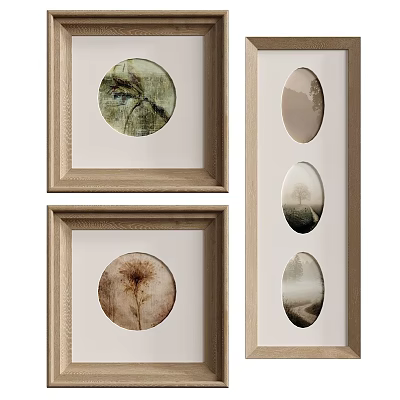 Abstract Paintings In Wooden Frames With Circular And Oval Shapes Natural Texture Wall Art 3d model