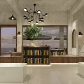Modern Industrial Café Interior With Wooden Counter Green Plants And Pendant Lights