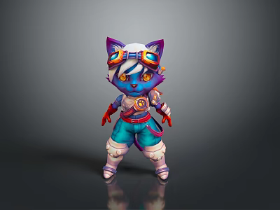 Cute Blue Cat Character With Purple Ears Tech Goggles Red Gloves and White Boots 3d model